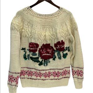 𝅺RARE! Vintage🌸Hand Knit Chunky Fair Isle Pullover Sweater Roses Size S…